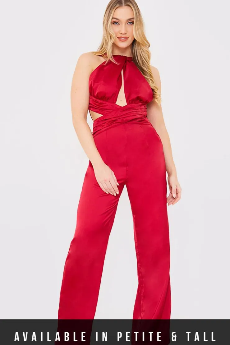 Outlet In The Style Satin Cut Out Detail Wide Leg Jumpsuit Burgundy