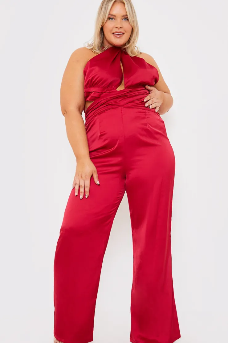 Outlet In The Style Satin Cut Out Detail Wide Leg Jumpsuit Burgundy