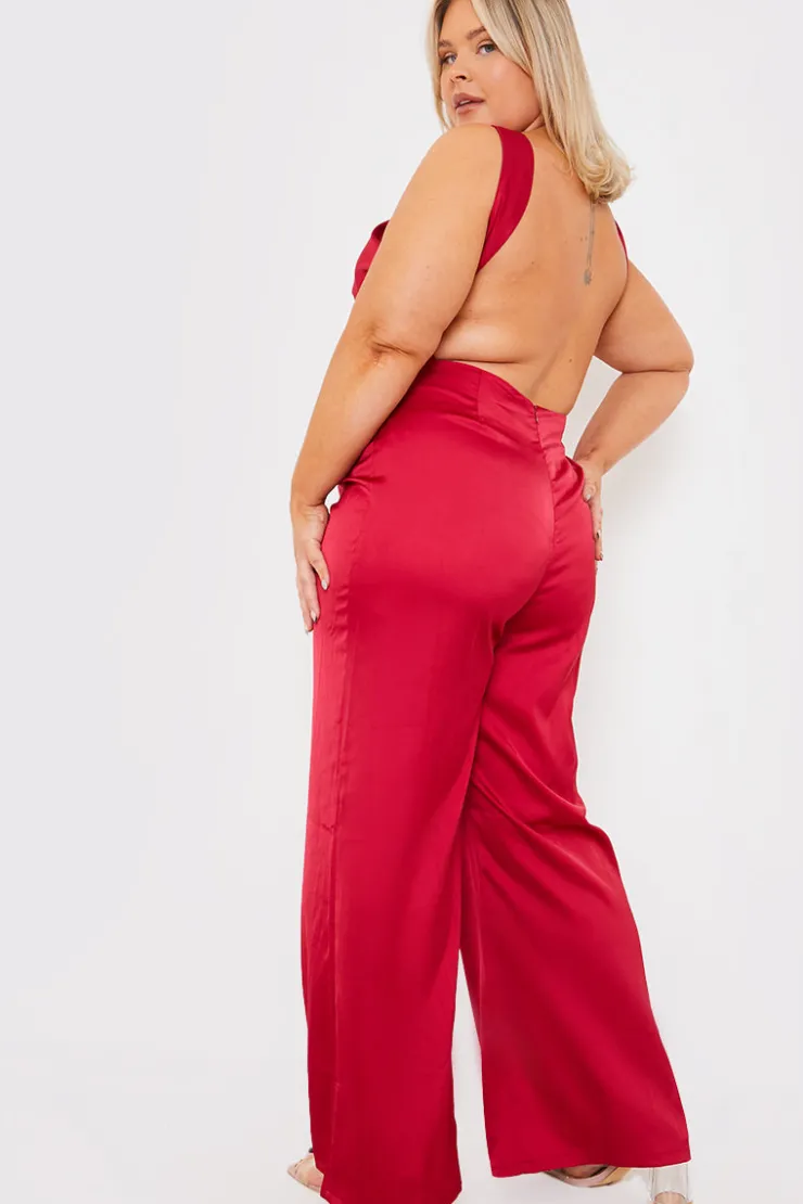 Outlet In The Style Satin Cut Out Detail Wide Leg Jumpsuit Burgundy