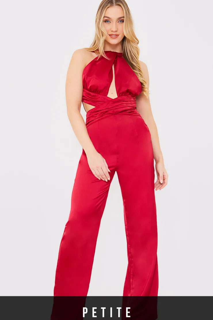 Outlet In The Style Satin Cut Out Detail Wide Leg Jumpsuit Burgundy