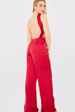 Outlet In The Style Satin Cut Out Detail Wide Leg Jumpsuit Burgundy