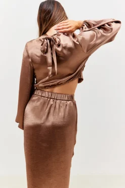 Best In the Style Satin Drape Co-Ord Midi Skirt Chocolate