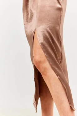 Best In the Style Satin Drape Co-Ord Midi Skirt Chocolate