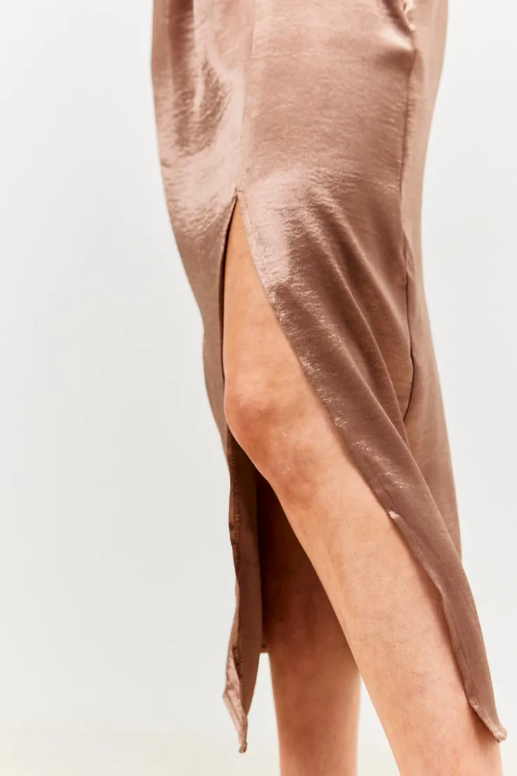 Best In the Style Satin Drape Co-Ord Midi Skirt Chocolate