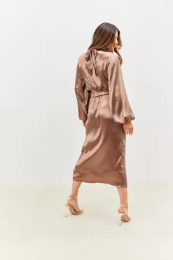 Best In the Style Satin Drape Co-Ord Midi Skirt Chocolate