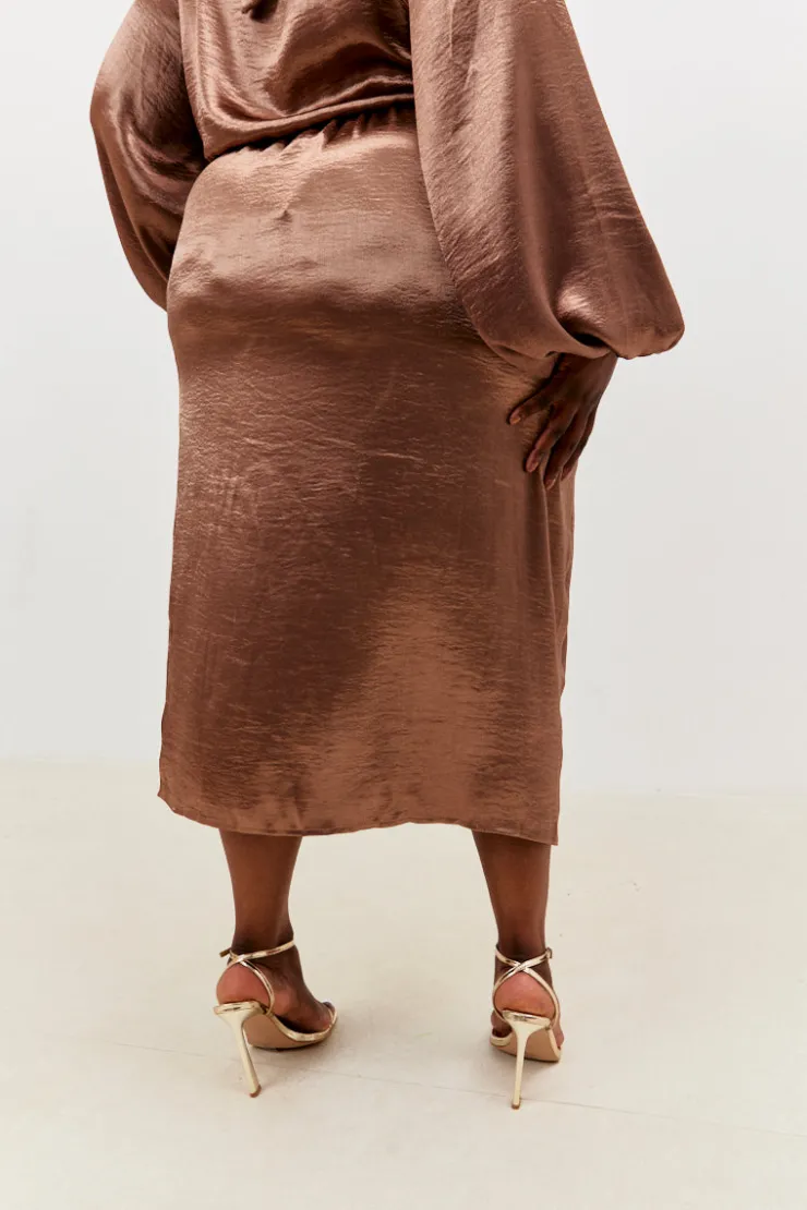 Best In the Style Satin Drape Co-Ord Midi Skirt Chocolate