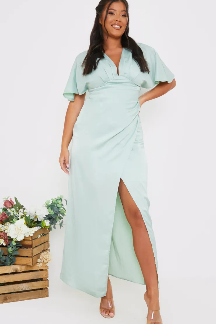 Sale In The Style Satin Flutter Sleeve Ruched Detail Maxi Dress