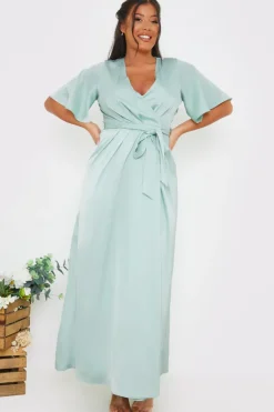 Outlet In The Style Satin Flutter Sleeve Tie Waist Wrap Dress