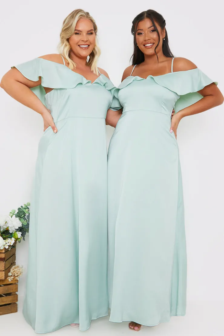 In The Style Satin Frill Off The Shoulder Maxi Dress