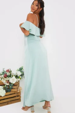 In The Style Satin Frill Off The Shoulder Maxi Dress