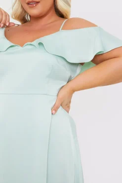 In The Style Satin Frill Off The Shoulder Maxi Dress