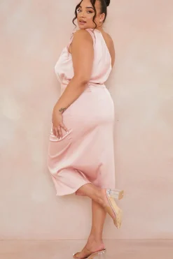 Hot In the Style Satin One Shoulder Midaxi Dress Pink