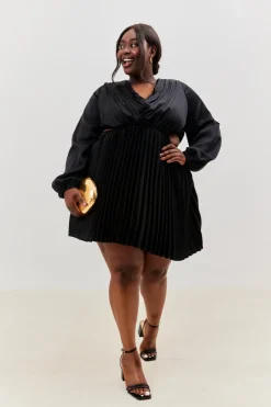 New In the Style Satin Pleated Cut Out Detail Mini Dress Black