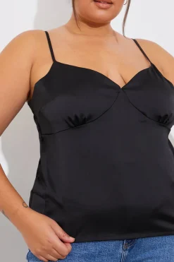 Hot Fits Satin Plunge Cami Top Black