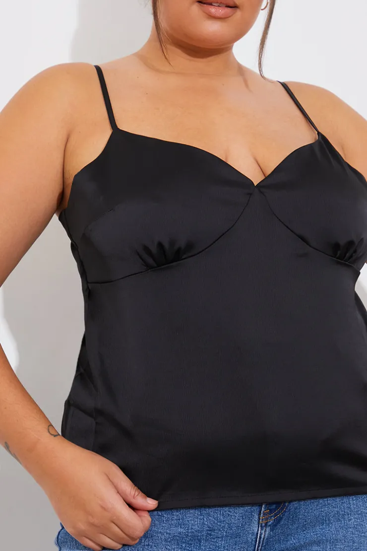 Hot Fits Satin Plunge Cami Top Black
