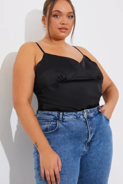 Hot Fits Satin Plunge Cami Top Black