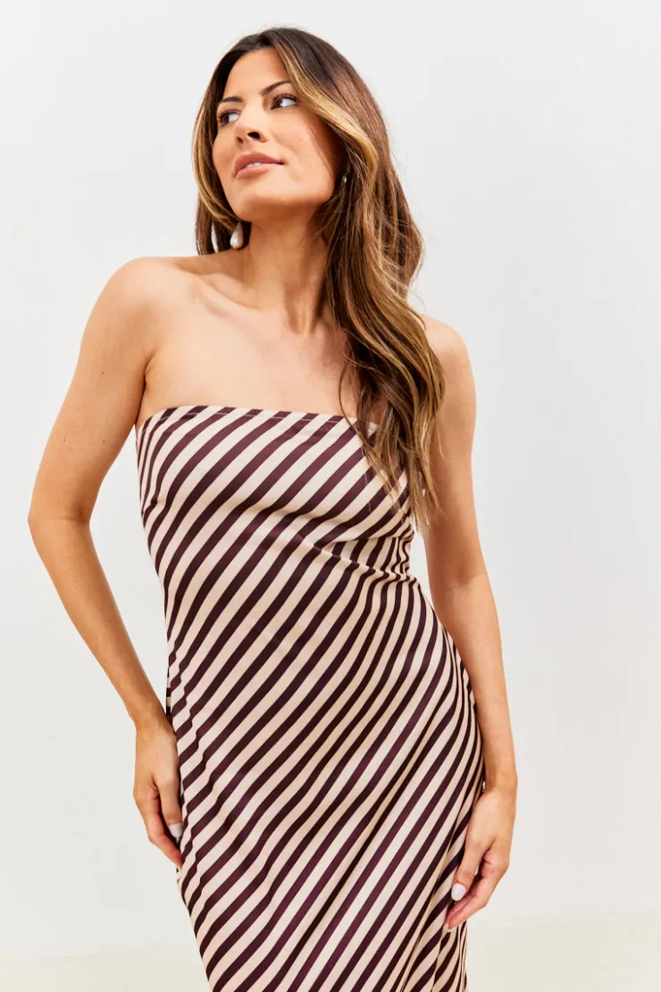 Outlet In the Style Satin Stripe Bandeau Maxi Dress Brown