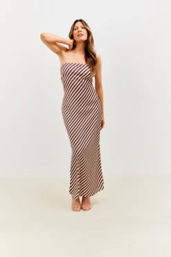 Outlet In the Style Satin Stripe Bandeau Maxi Dress Brown
