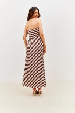 Outlet In the Style Satin Stripe Bandeau Maxi Dress Brown