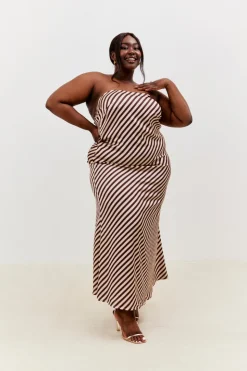 Outlet In the Style Satin Stripe Bandeau Maxi Dress Brown