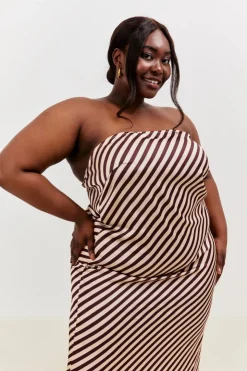 Outlet In the Style Satin Stripe Bandeau Maxi Dress Brown