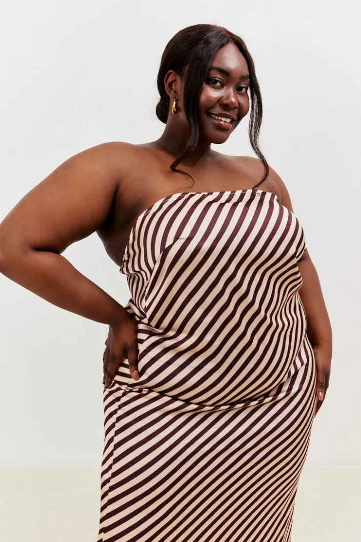 Outlet In the Style Satin Stripe Bandeau Maxi Dress Brown
