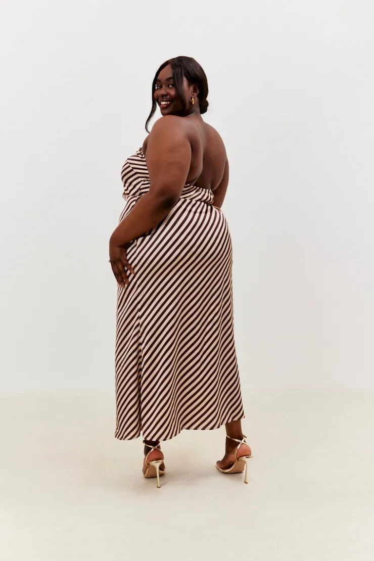 Outlet In the Style Satin Stripe Bandeau Maxi Dress Brown