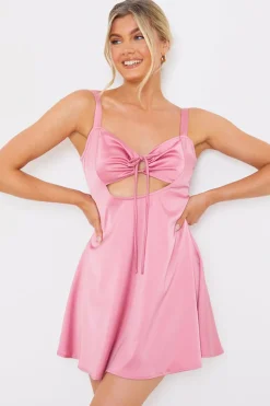 Best In The Style Satin Tie Front Babydoll Mini Dress Pink