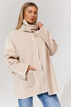 Sale In the Style Scarf Detail Contrast Stitching Wool Blend Coat Cream