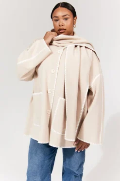 Sale In the Style Scarf Detail Contrast Stitching Wool Blend Coat Cream
