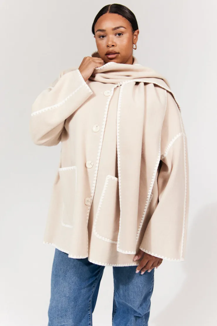 Sale In the Style Scarf Detail Contrast Stitching Wool Blend Coat Cream