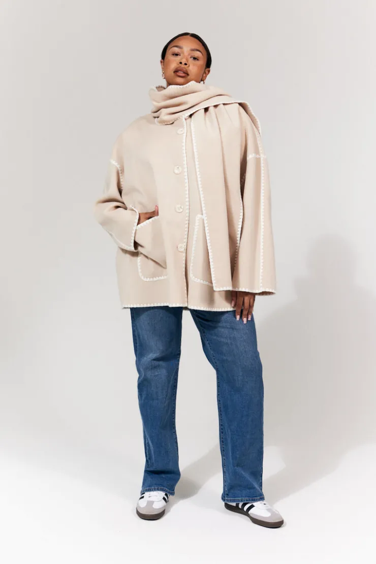 Sale In the Style Scarf Detail Contrast Stitching Wool Blend Coat Cream