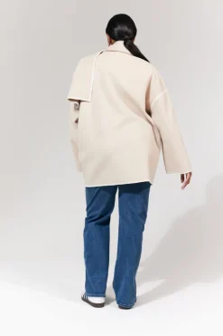 Sale In the Style Scarf Detail Contrast Stitching Wool Blend Coat Cream