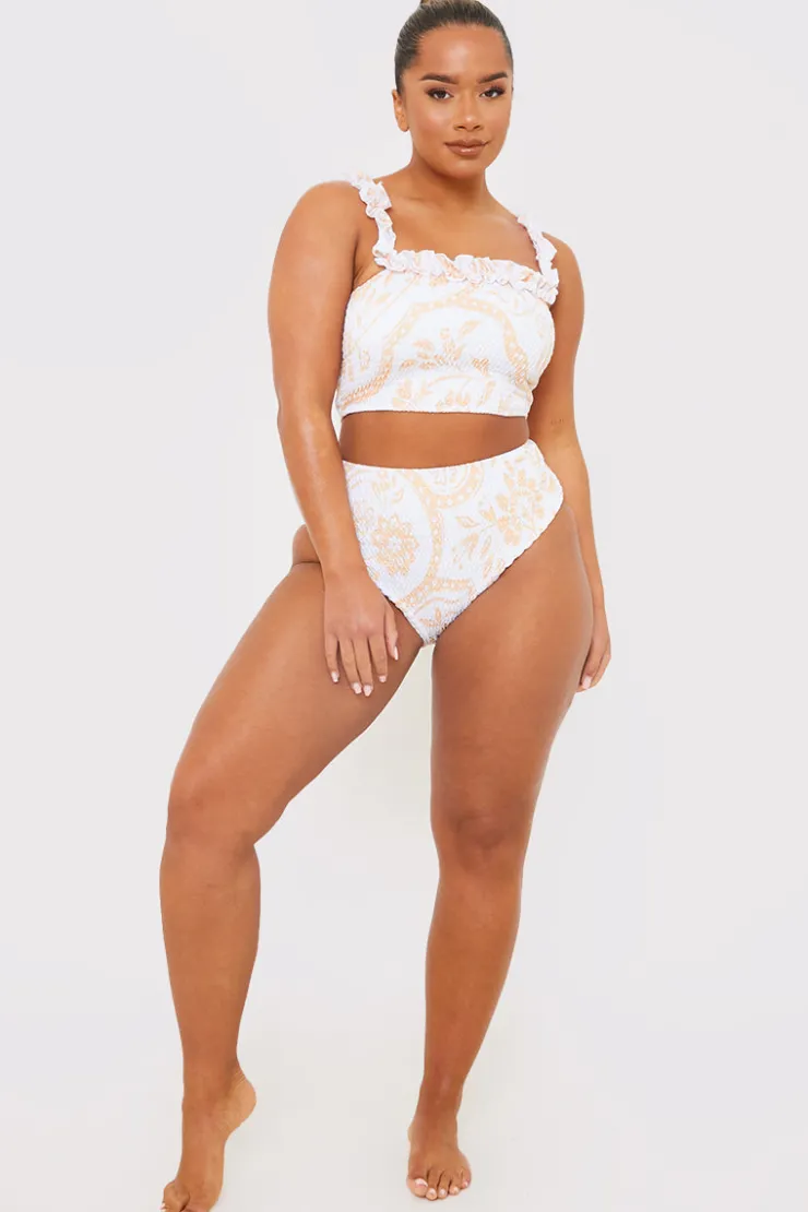 Best In the Style Scarf Print Ruffle Bardot Shirred Bikini Top White