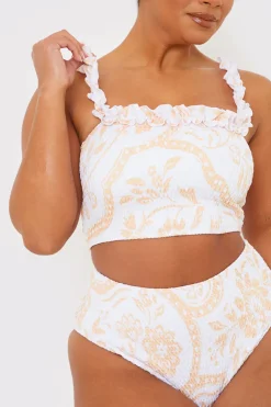 Best In the Style Scarf Print Ruffle Bardot Shirred Bikini Top White