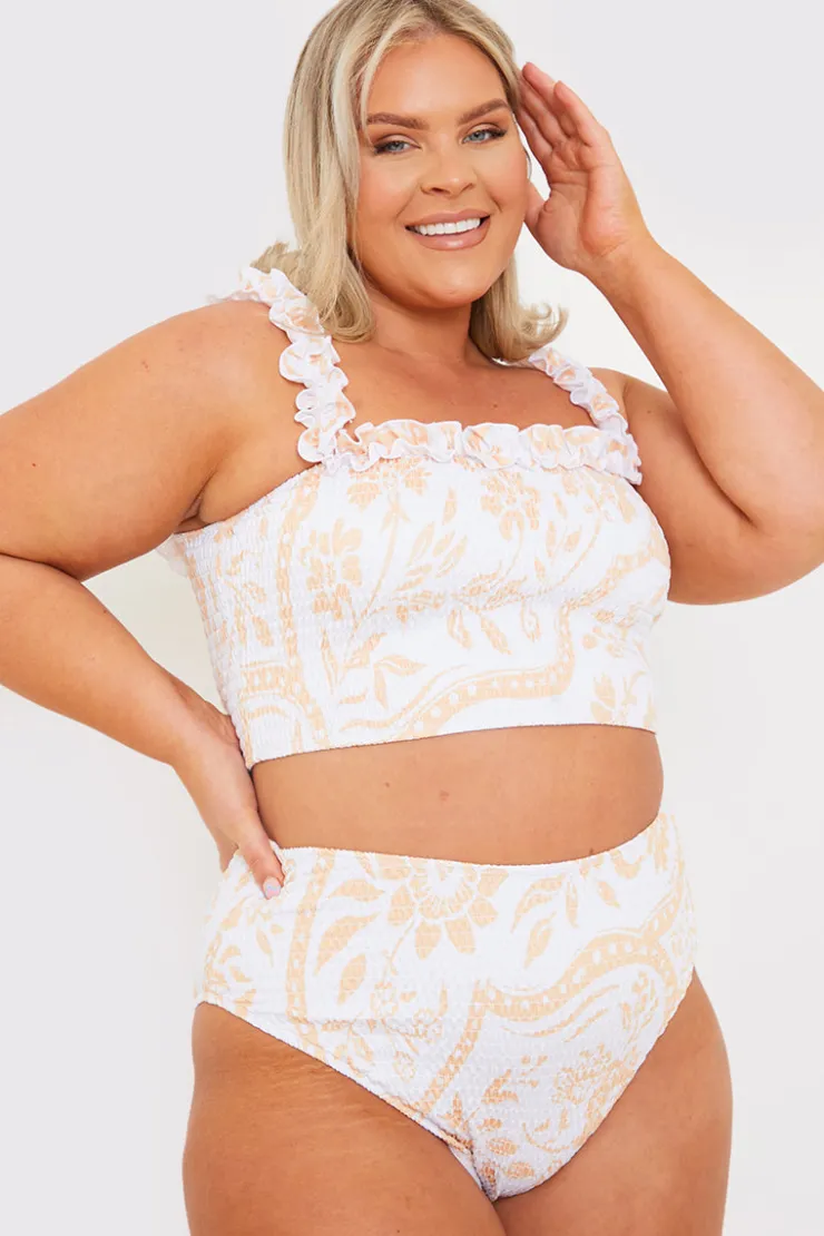 Best In the Style Scarf Print Ruffle Bardot Shirred Bikini Top White