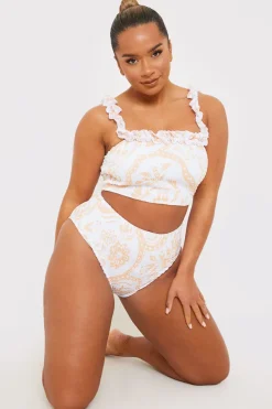 Best In the Style Scarf Print Shirred High Waisted Bikini Bottom White