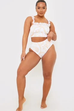 Best In the Style Scarf Print Shirred High Waisted Bikini Bottom White