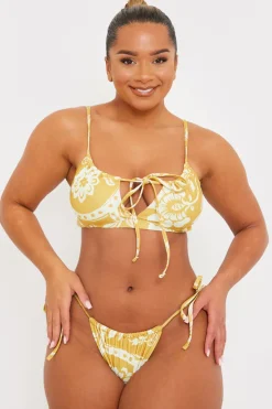 Discount In the Style Scarf Print Tie Front Scoop Neck Bikini Top Yellow