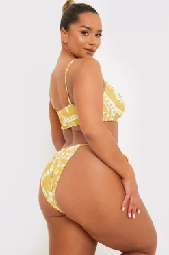 Discount In the Style Scarf Print Tie Front Scoop Neck Bikini Top Yellow