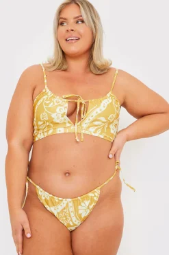 Discount In the Style Scarf Print Tie Front Scoop Neck Bikini Top Yellow