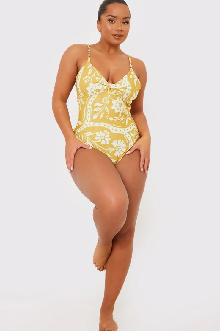 Clearance In the Style Scarf Print Twist Front Swimsuit Yellow