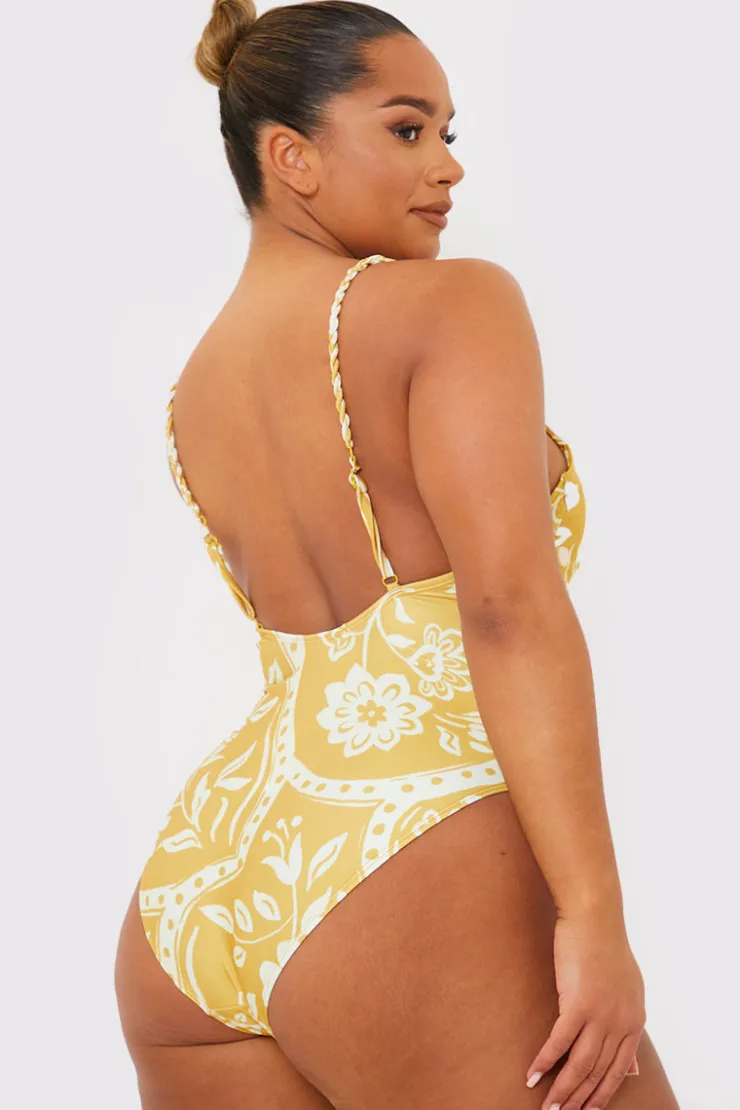Clearance In the Style Scarf Print Twist Front Swimsuit Yellow