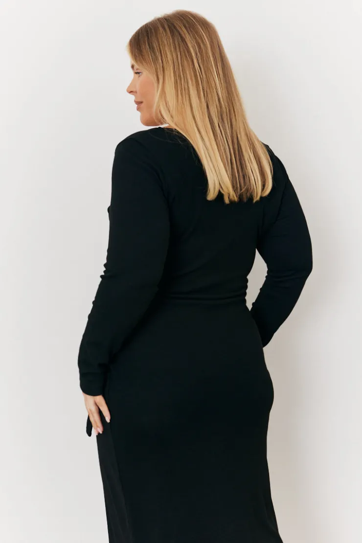 Hot In the Style Scoop Neck Ribbed Long Sleeve Bodycon Wrap Midi Dress Black