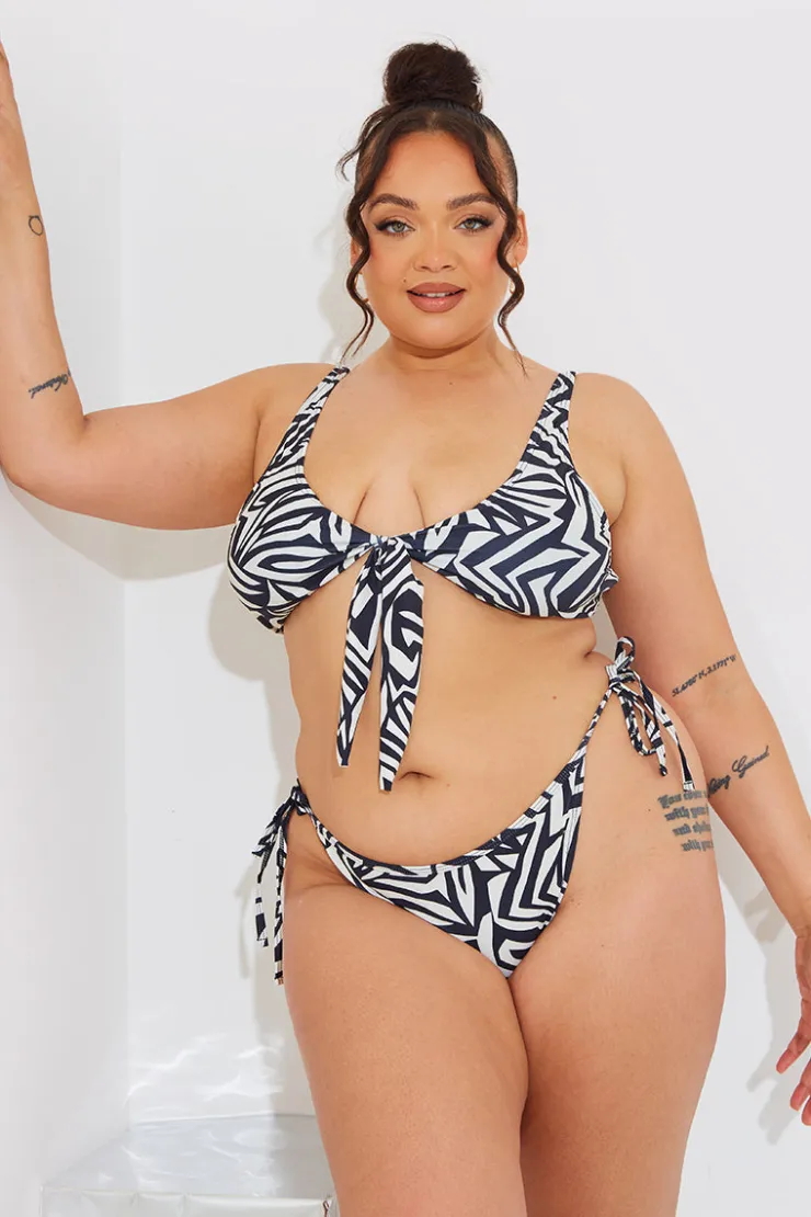 Hot In The Style Sculpt and Control Abstract Print Tie Side Bikini Bottoms Monochrome