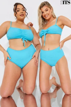 Clearance In The Style Sculpt and Control Crinkle Ruched Front Bikini Top Blue