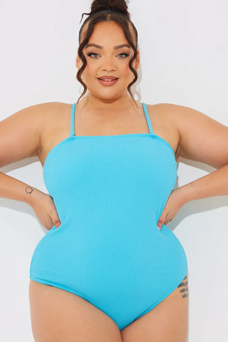 New In The Style Sculpt and Control Crinkle Bandeau Swimsuit Blue