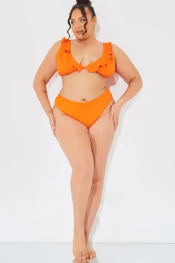 Clearance In The Style Sculpt and Control Crinkle Frill Bikini Top Orange