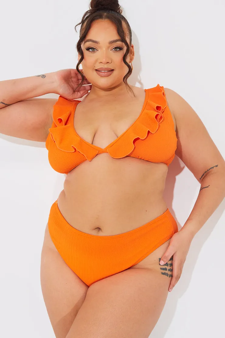 Sale In The Style Sculpt and Control Crinkle High Waisted High Leg Bikini Bottom Orange