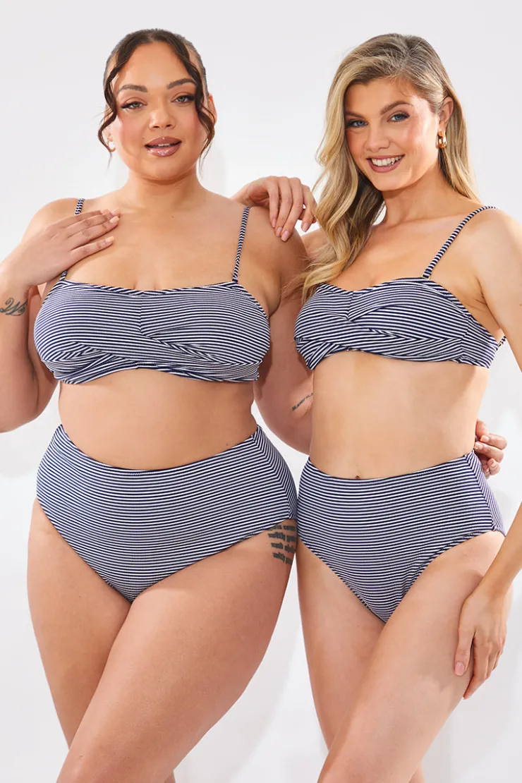 In The Style Sculpt And Control Stripe Waisted Full Coverage Bikini Bottom Blue